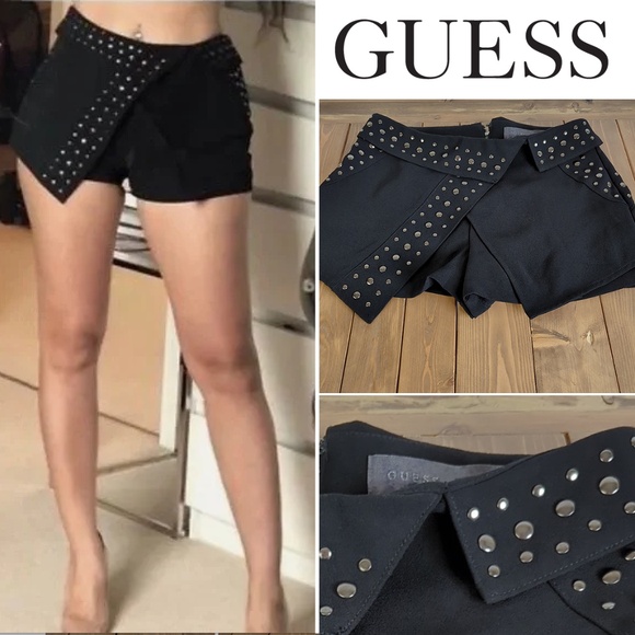 Guess Black Silver Studded Wrap Front Shorts Skort Punk Goth Festival - Picture 1 of 9